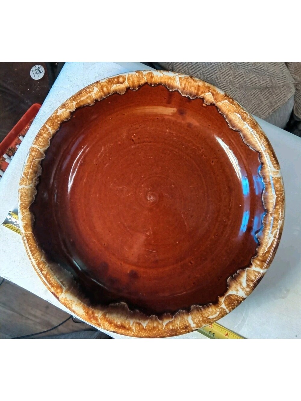 Vintage RRP Co Roseville Ohio 305 Brown Drip Glaze Pottery Utility Bowl Pie Pan